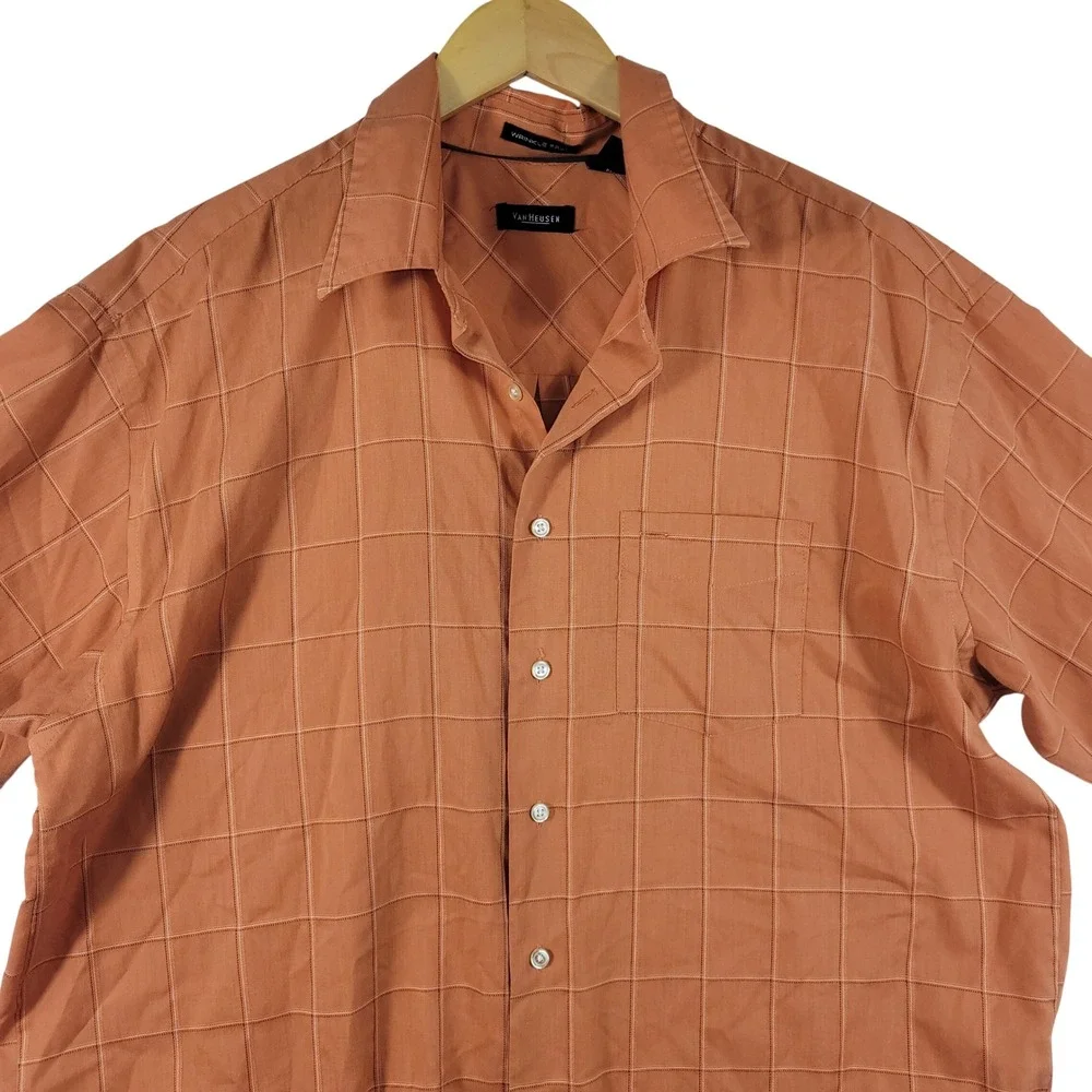 Van Heusen Button Down Shirt Mens XL Orange Windowpane Plaid Wrinkle Free